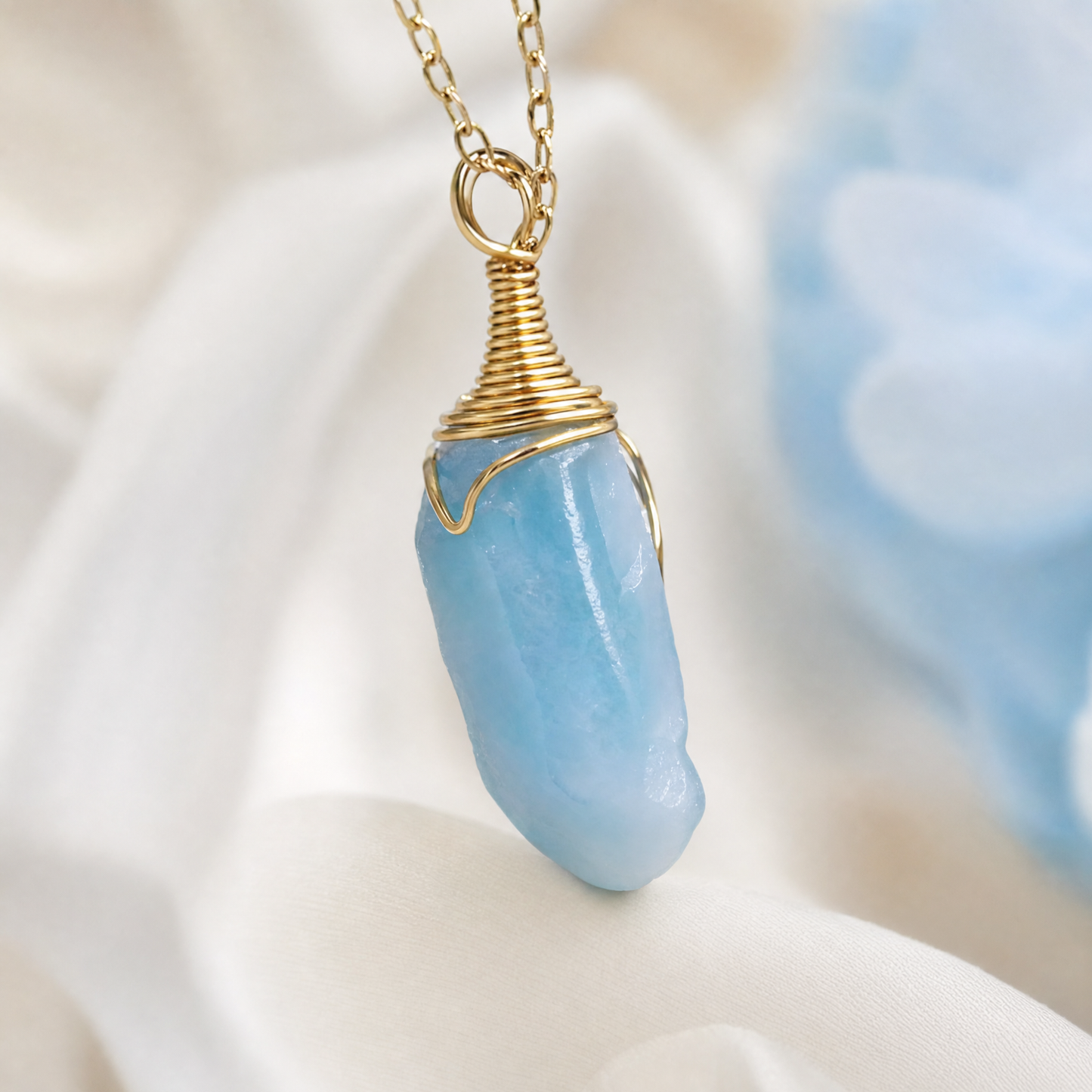 Blue Peruvian Opal Gold Wire Wrapped Crystal Pendant Necklace