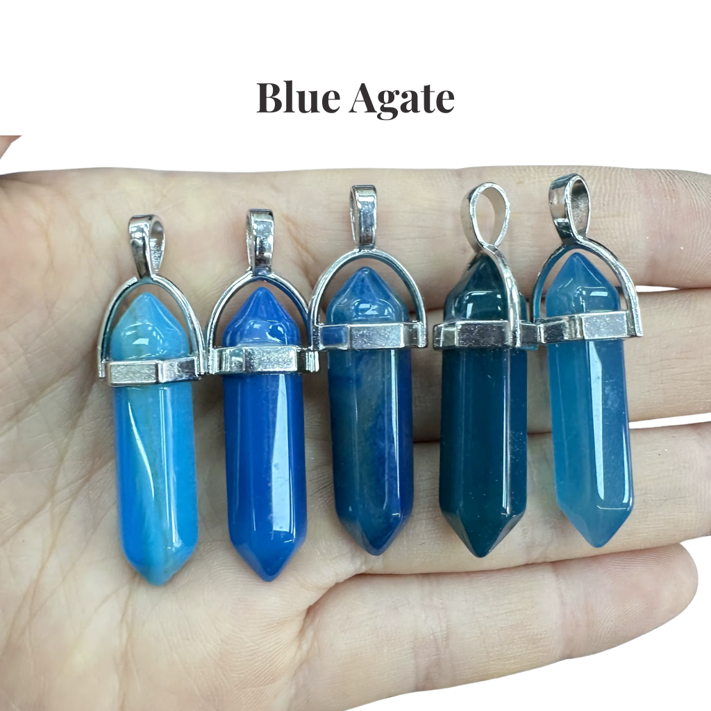 Blue Agate Crystal Point Pendant Necklace — Natural Healing Gemstone Tower UK