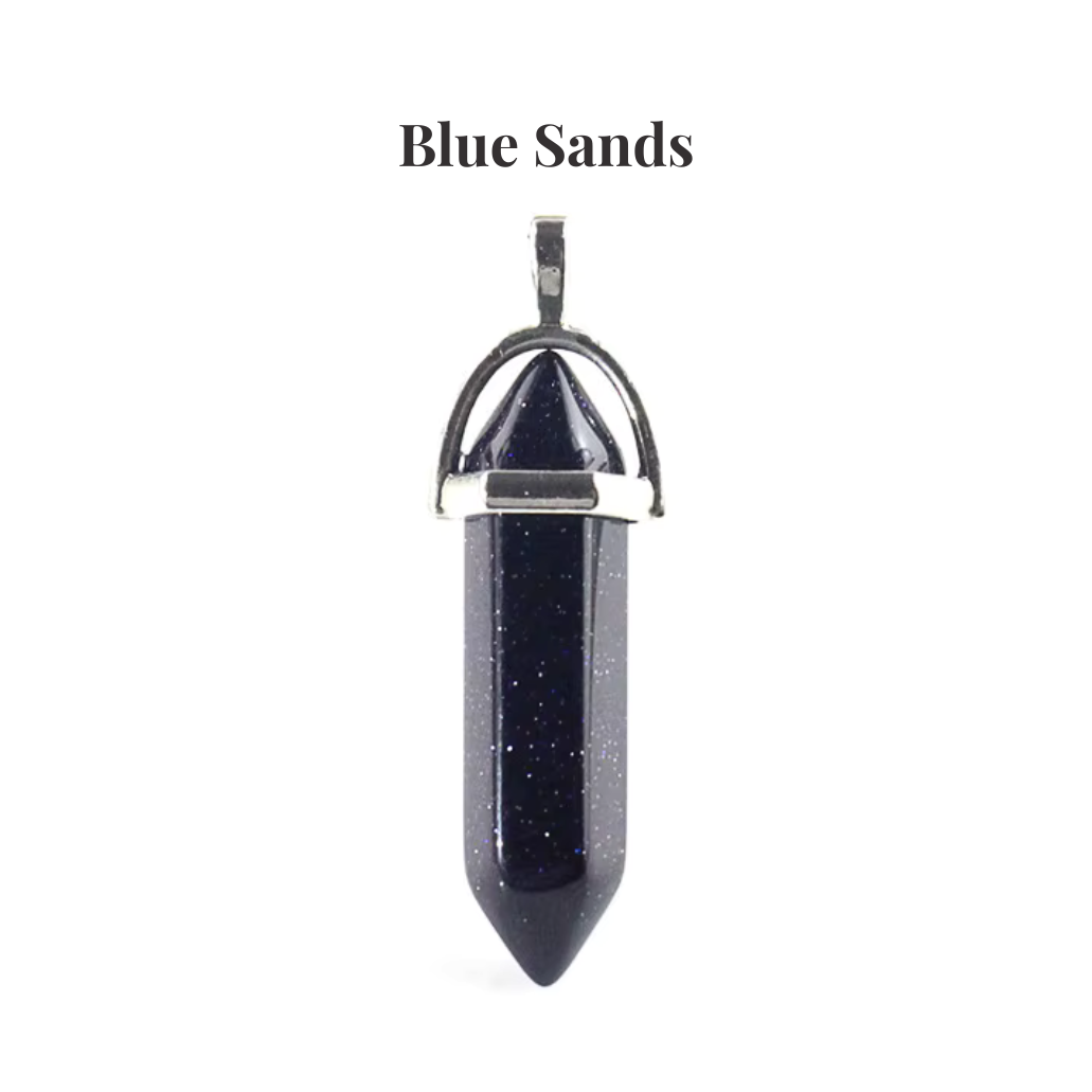 Blue Sandstone Crystal Point Pendant Necklace — Healing Gemstone Tower Necklace Manushaa Gems UK
