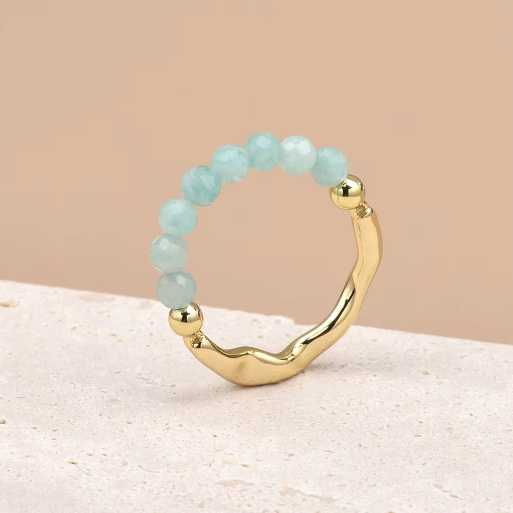 Brazil Amazonite Faceted Crystal Bead Ring by Manushaa Gems — Natural Teal Green Gemstone Stretch Ring