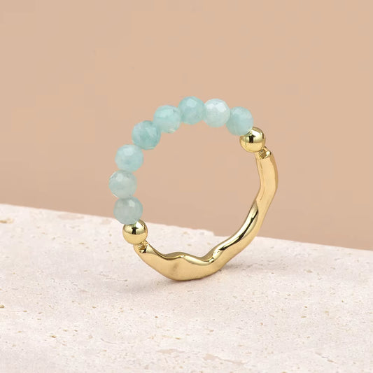 Brazil Amazonite Faceted Crystal Bead Ring by Manushaa Gems — Natural Teal Green Gemstone Stretch Ring