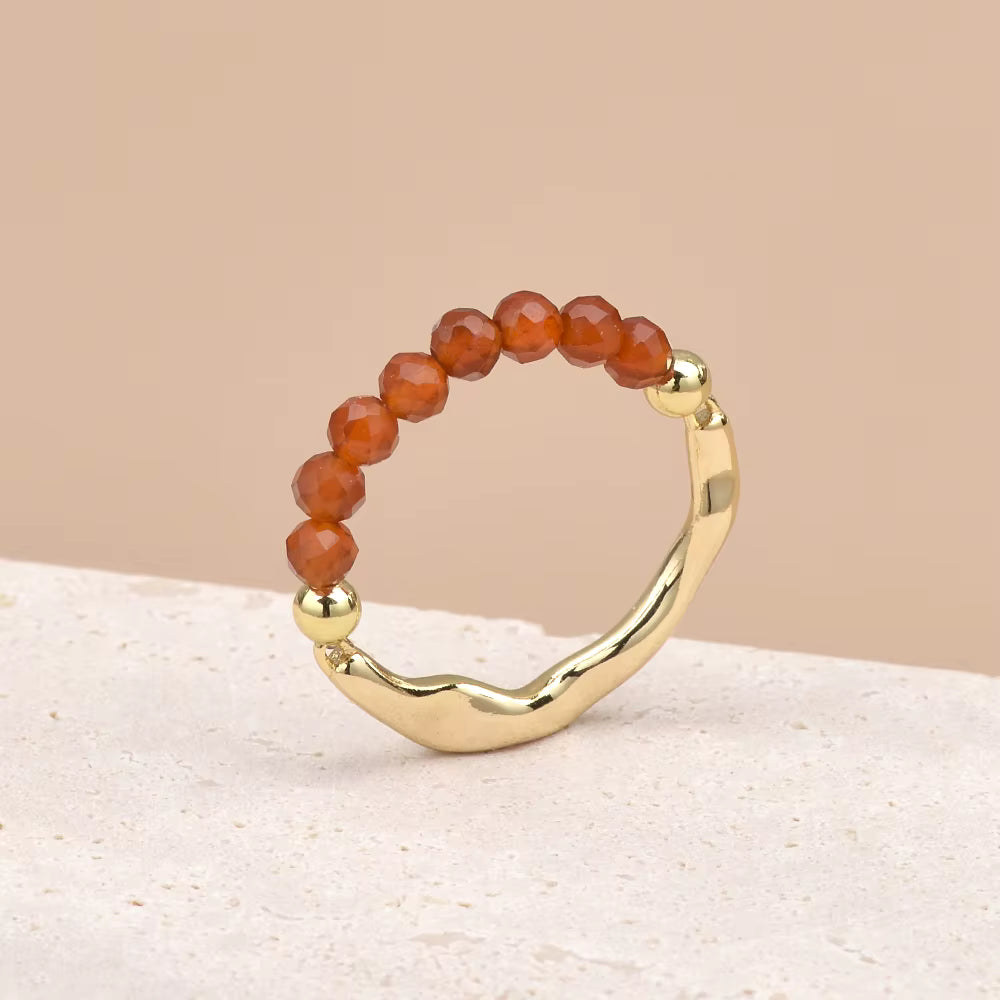 Carnelian Faceted Crystal Bead Ring by Manushaa Gems — Natural Orange Gemstone Stretch Ring