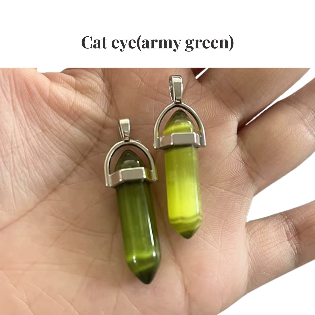 Army Green Cat Eye Crystal Point Pendant — Healing Gemstone Tower Necklace Manushaa Gems UK