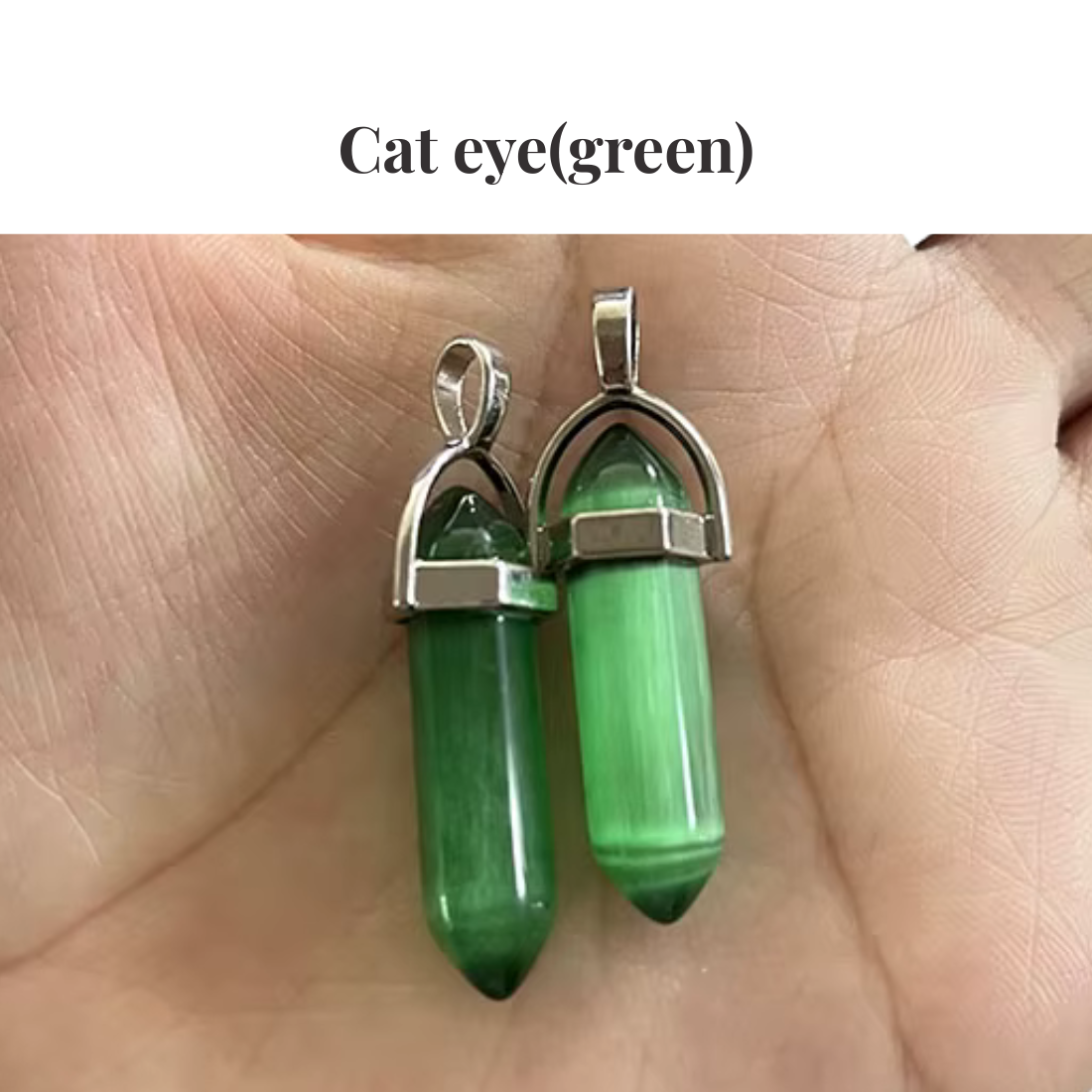 Green Cat Eye Crystal Point Pendant Necklace — Healing Gemstone Tower Necklace Manushaa Gems UK