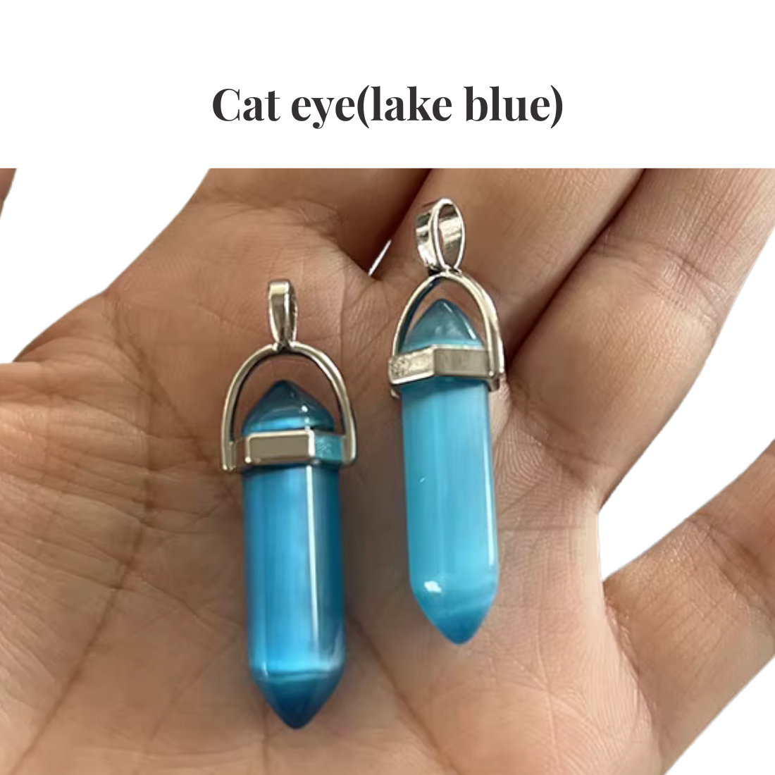 Lake Blue Cat Eye Crystal Point Pendant Necklace — Healing Gemstone Tower Necklace UK Manushaa Gems