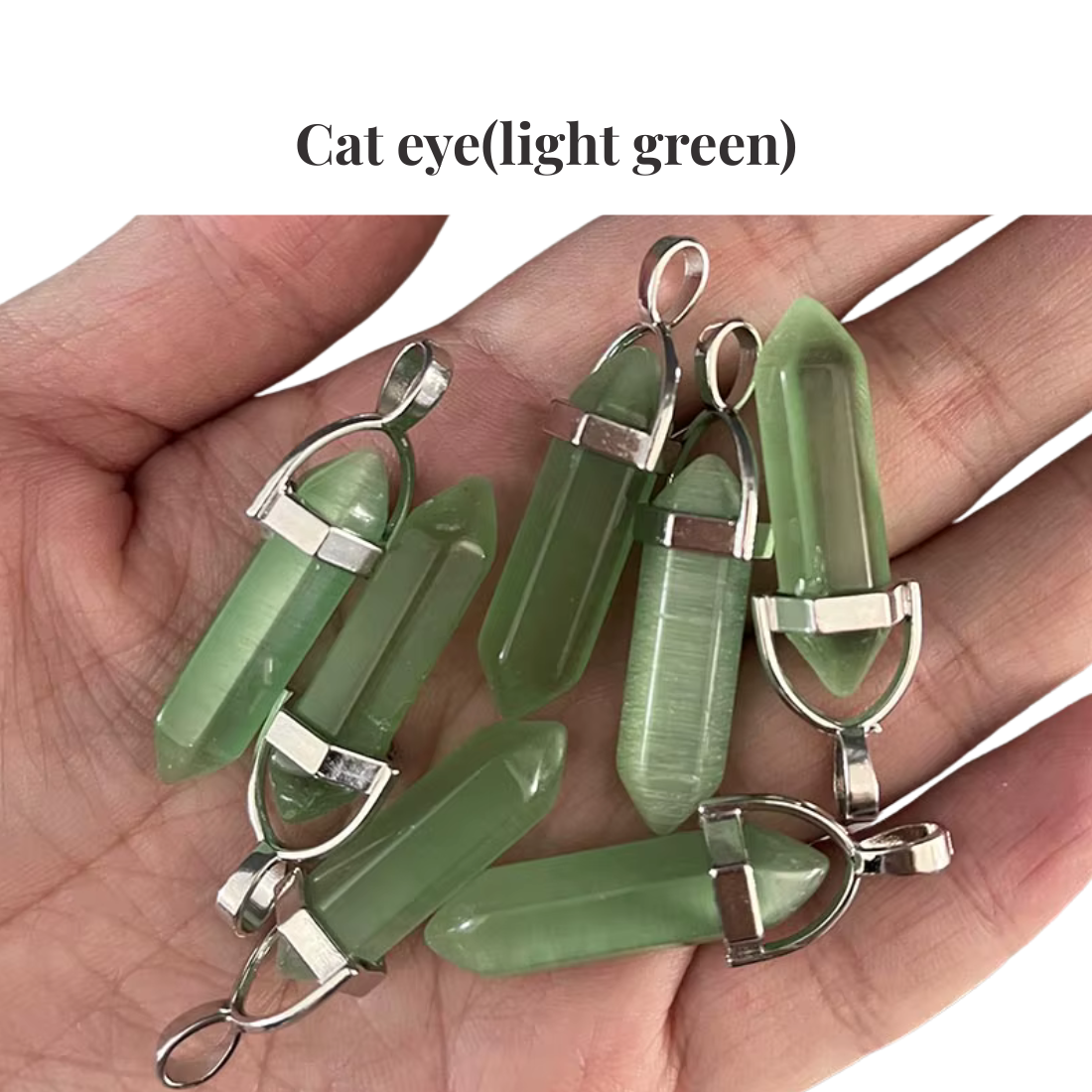 Light Green Cat Eye Crystal Point Pendant — Healing Gemstone Tower Necklace Manushaa Gems UK