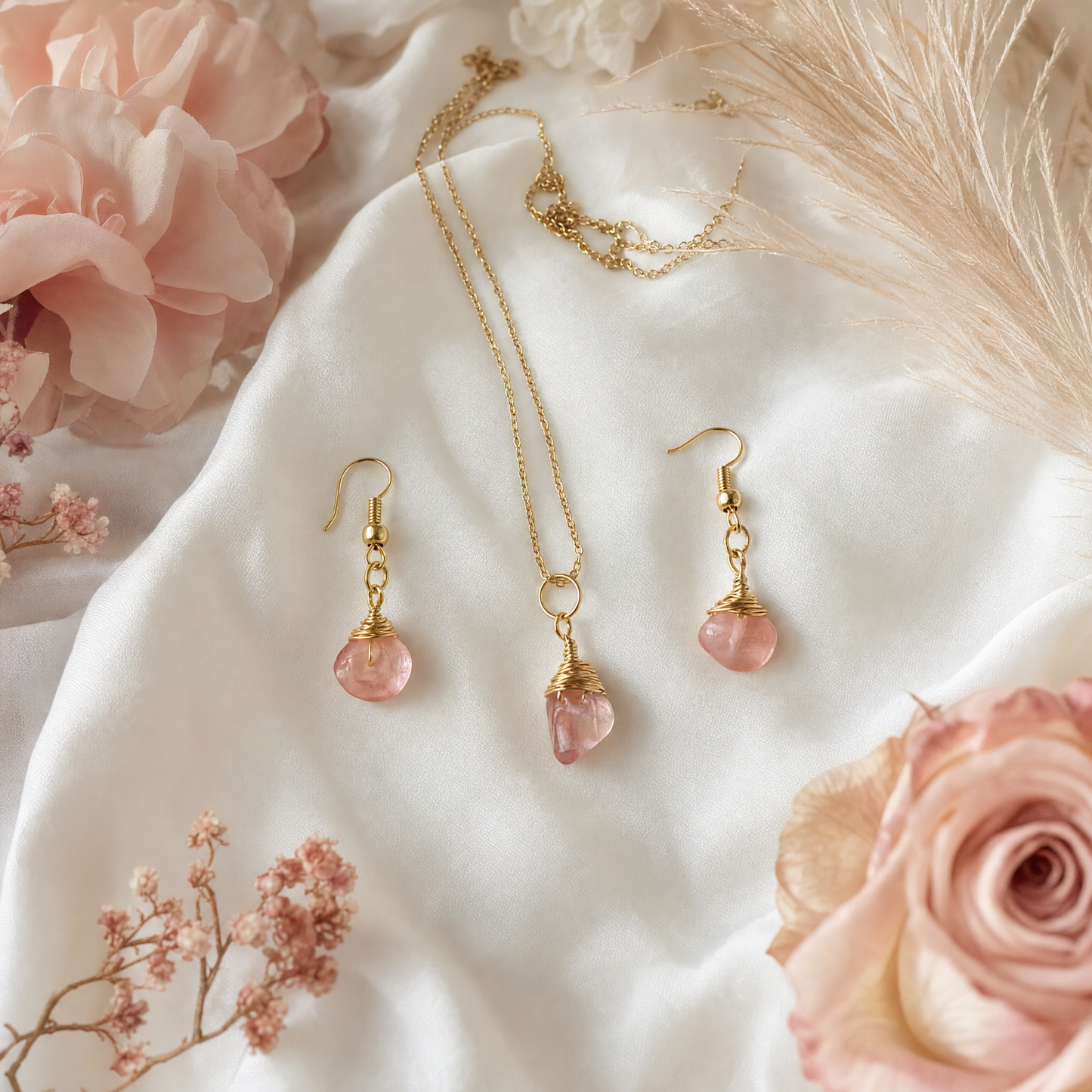 Cherry Quartz Gold Wire Wrapped Crystal Pendant Necklace