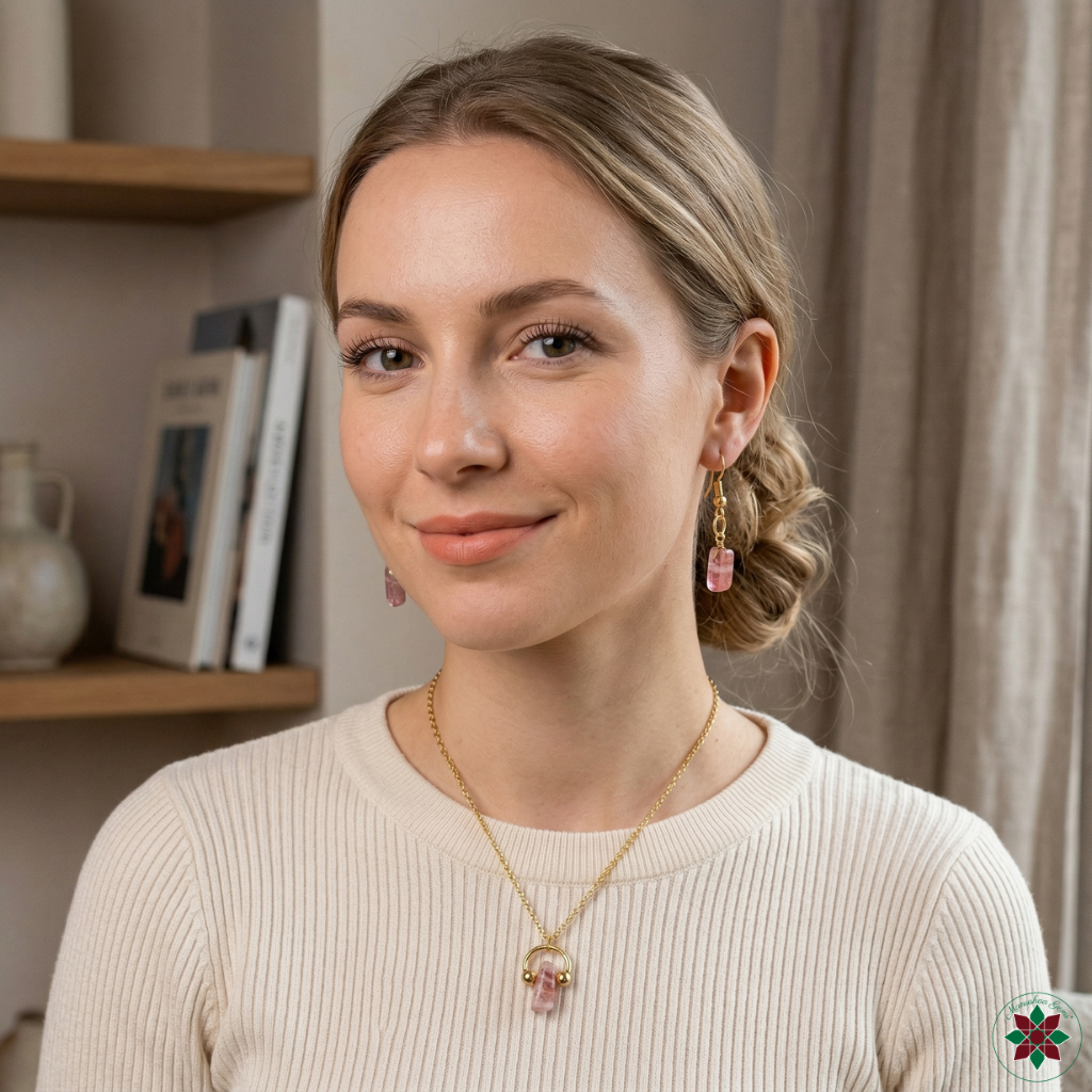Cherry quartz crystal necklace and earrings gift set by Manushaa Gems — natural pink gemstone pendant in gold-plated setting, UK