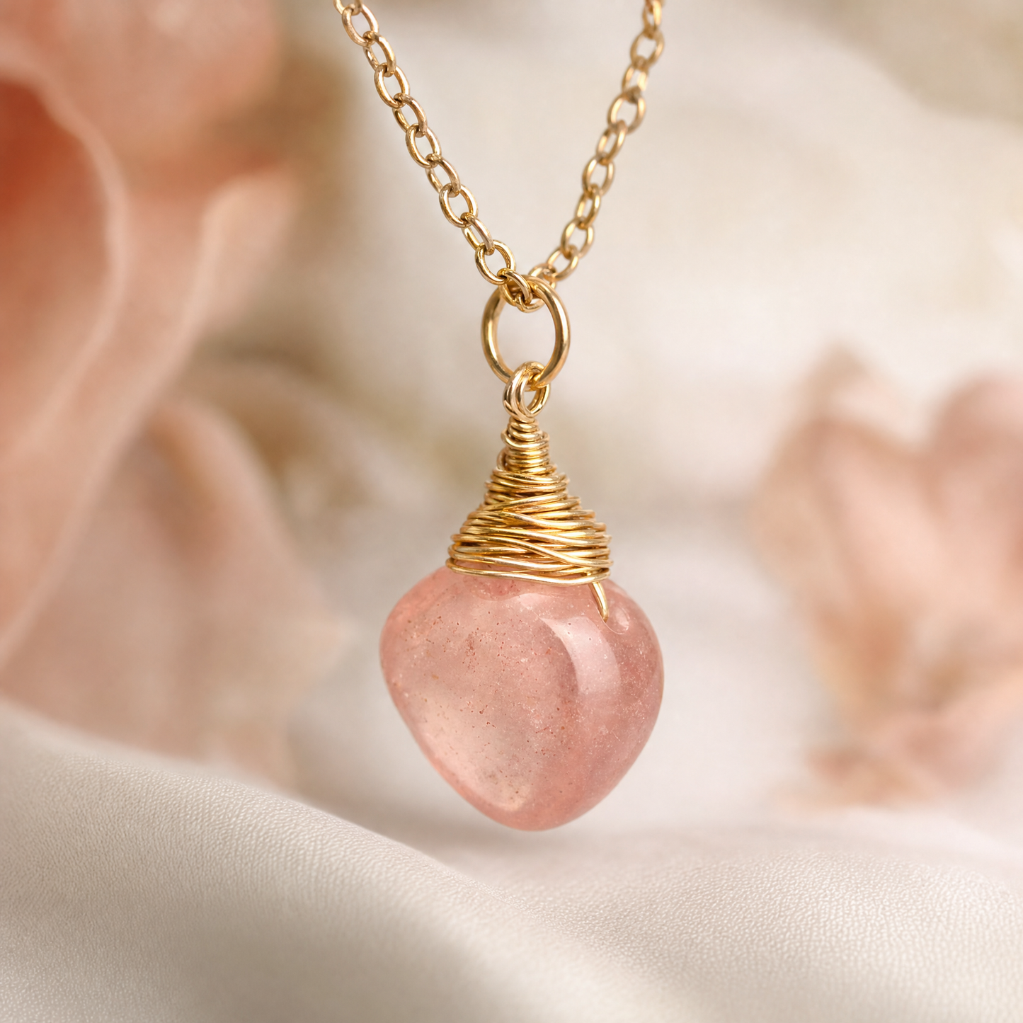 Cherry Quartz Gold Wire Wrapped Crystal Pendant Necklace
