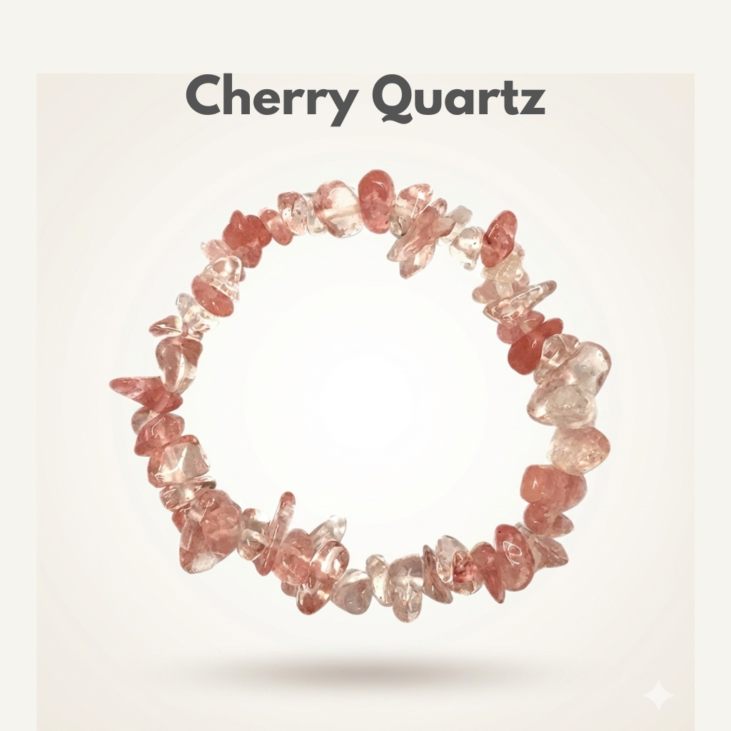 Cherry Quartz crystal chip bracelet for warmth, joy and emotional renewal — Manushaa Gems