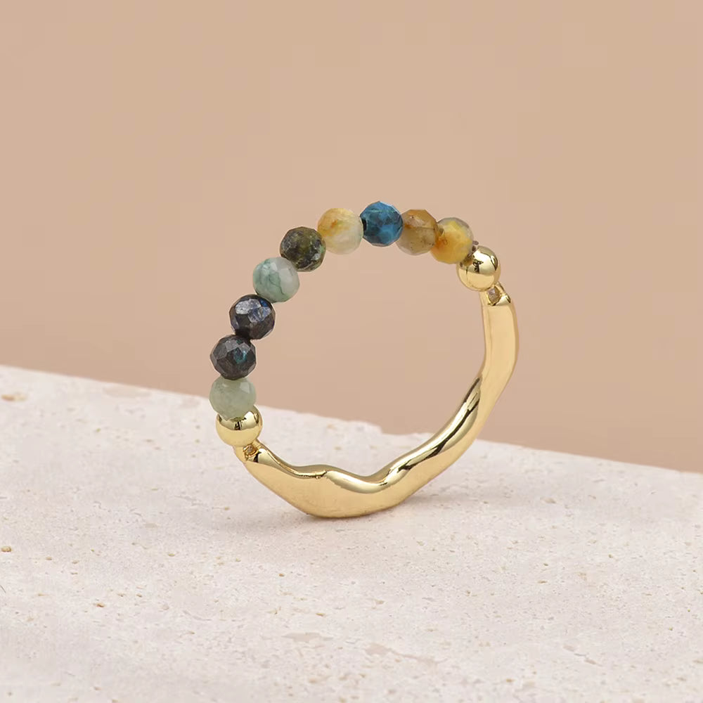 Chrysocolla Faceted Crystal Bead Ring by Manushaa Gems — Natural Teal Gemstone Stretch Ring
