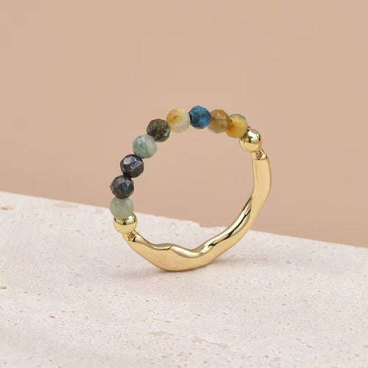 Chrysocolla Faceted Crystal Bead Ring by Manushaa Gems — Natural Teal Gemstone Stretch Ring