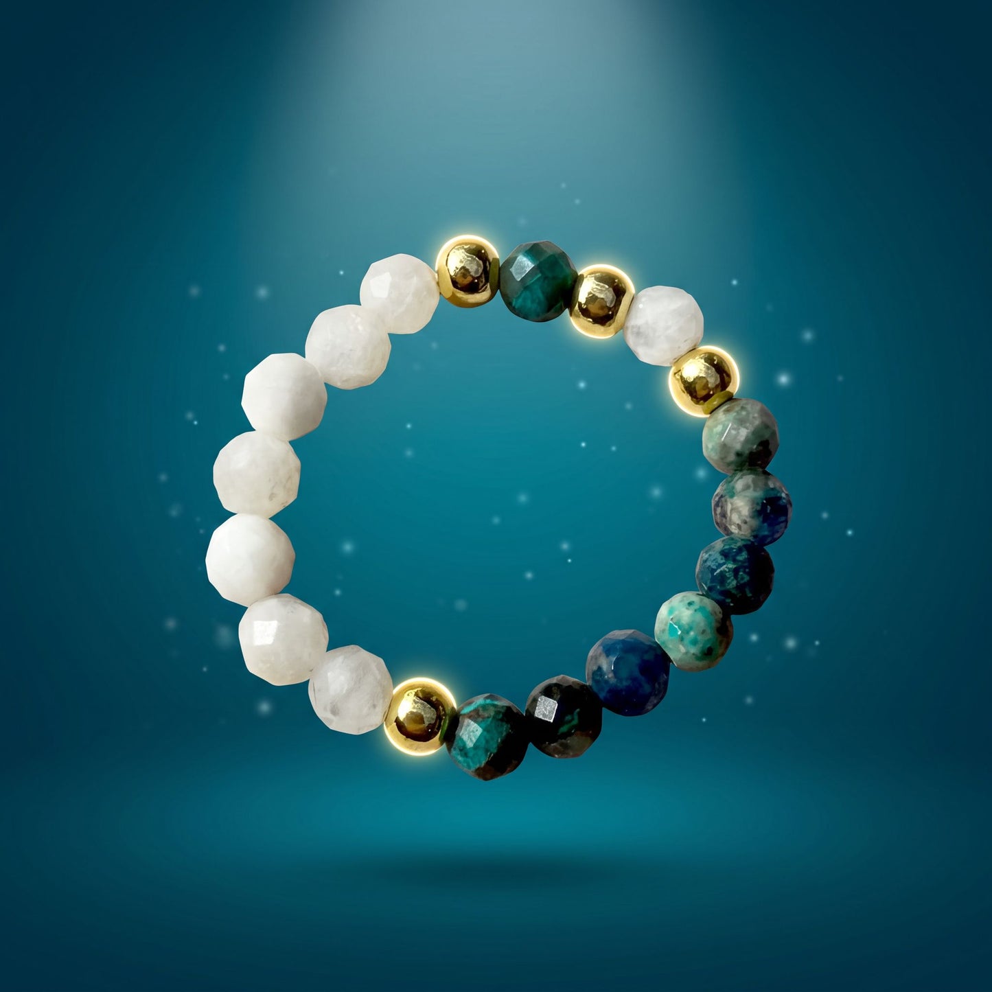 Chrysocolla & Moonstone Stretch Beaded Ring | 3mm Faceted Crystal Ring