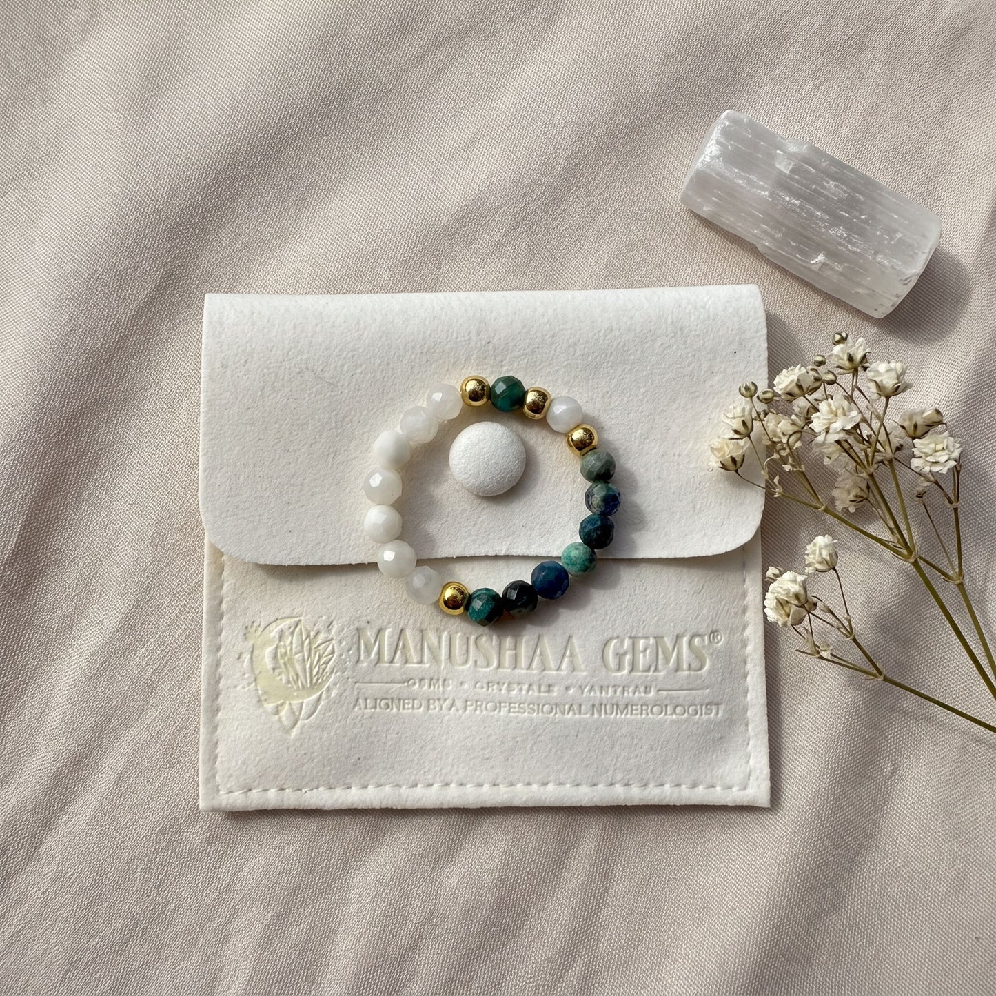 Chrysocolla & Moonstone Stretch Beaded Ring | 3mm Faceted Crystal Ring