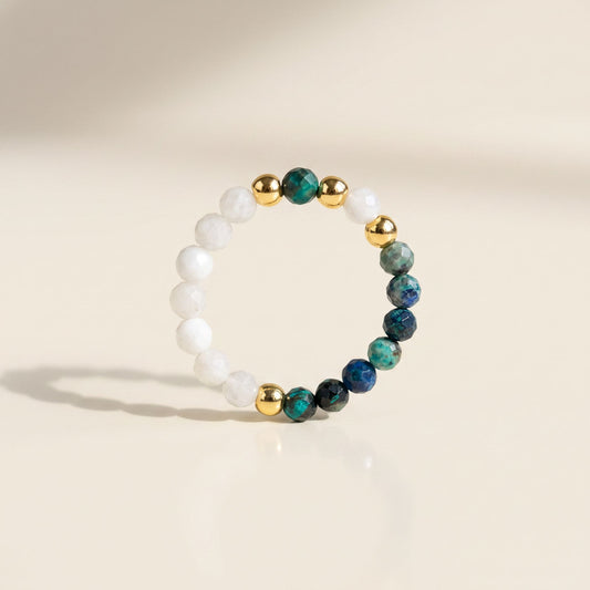 Chrysocolla & Moonstone Stretch Beaded Ring | 3mm Faceted Crystal Ring