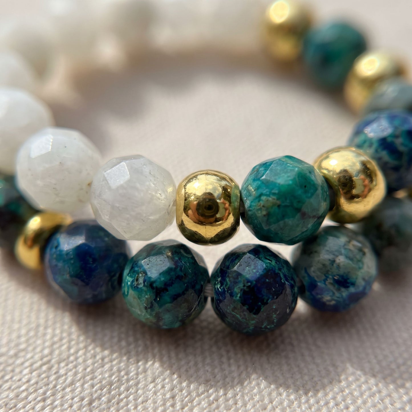 Chrysocolla & Moonstone Stretch Beaded Ring | 3mm Faceted Crystal Ring