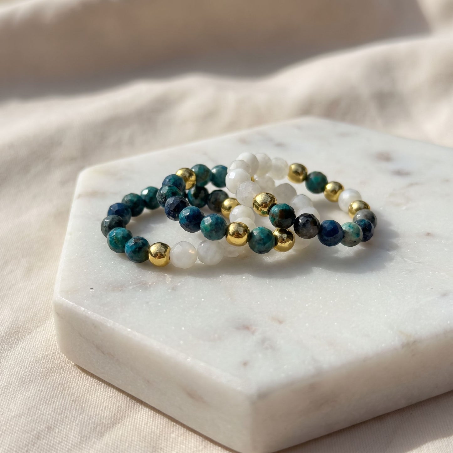Chrysocolla & Moonstone Stretch Beaded Ring | 3mm Faceted Crystal Ring