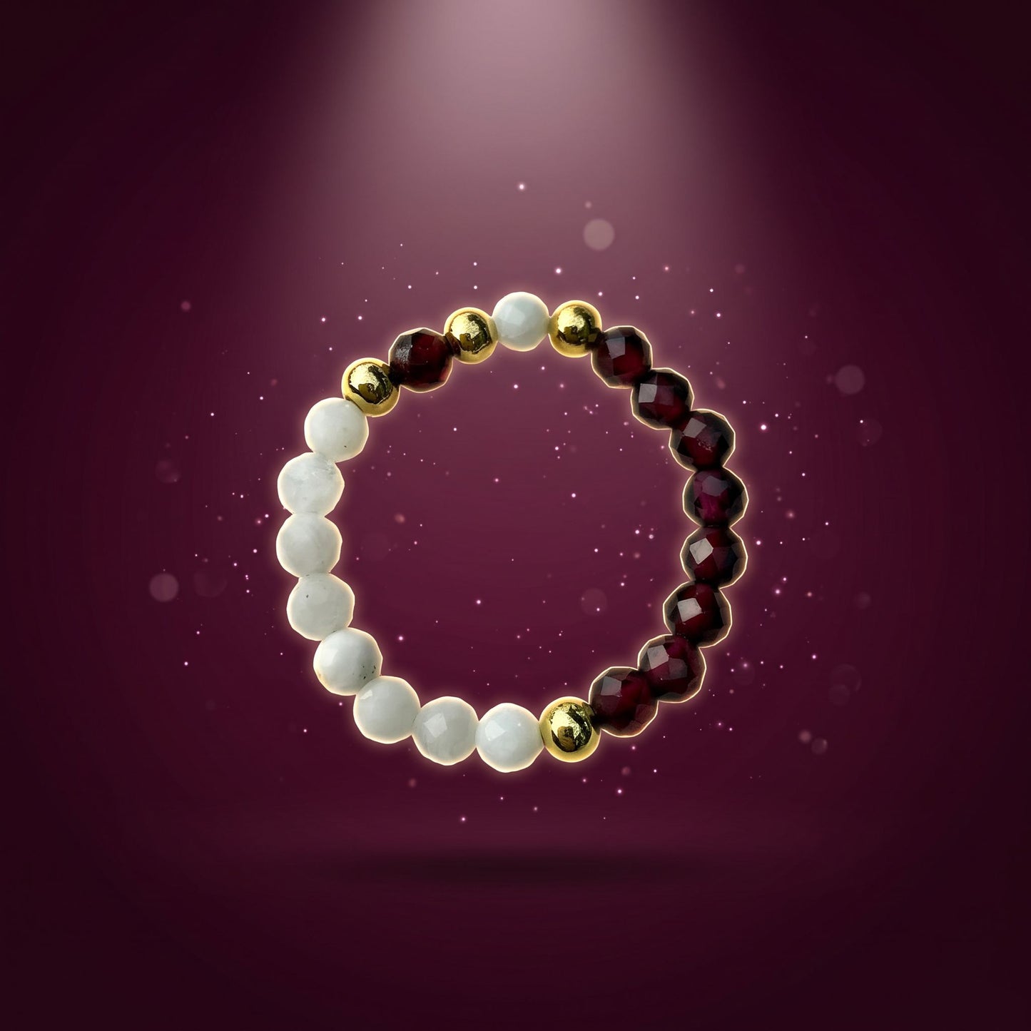 Dark red Garnet and Moonstone Stretch Beaded Ring | 3mm Faceted Crystal Ring