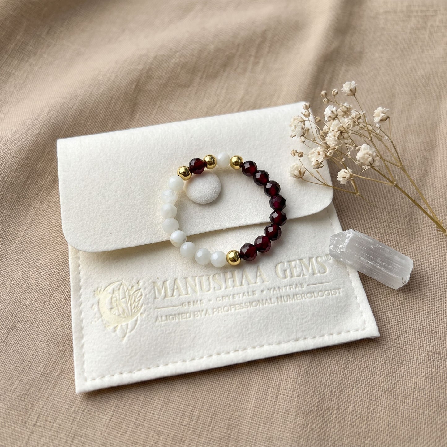 Dark red Garnet and Moonstone Stretch Beaded Ring | 3mm Faceted Crystal Ring