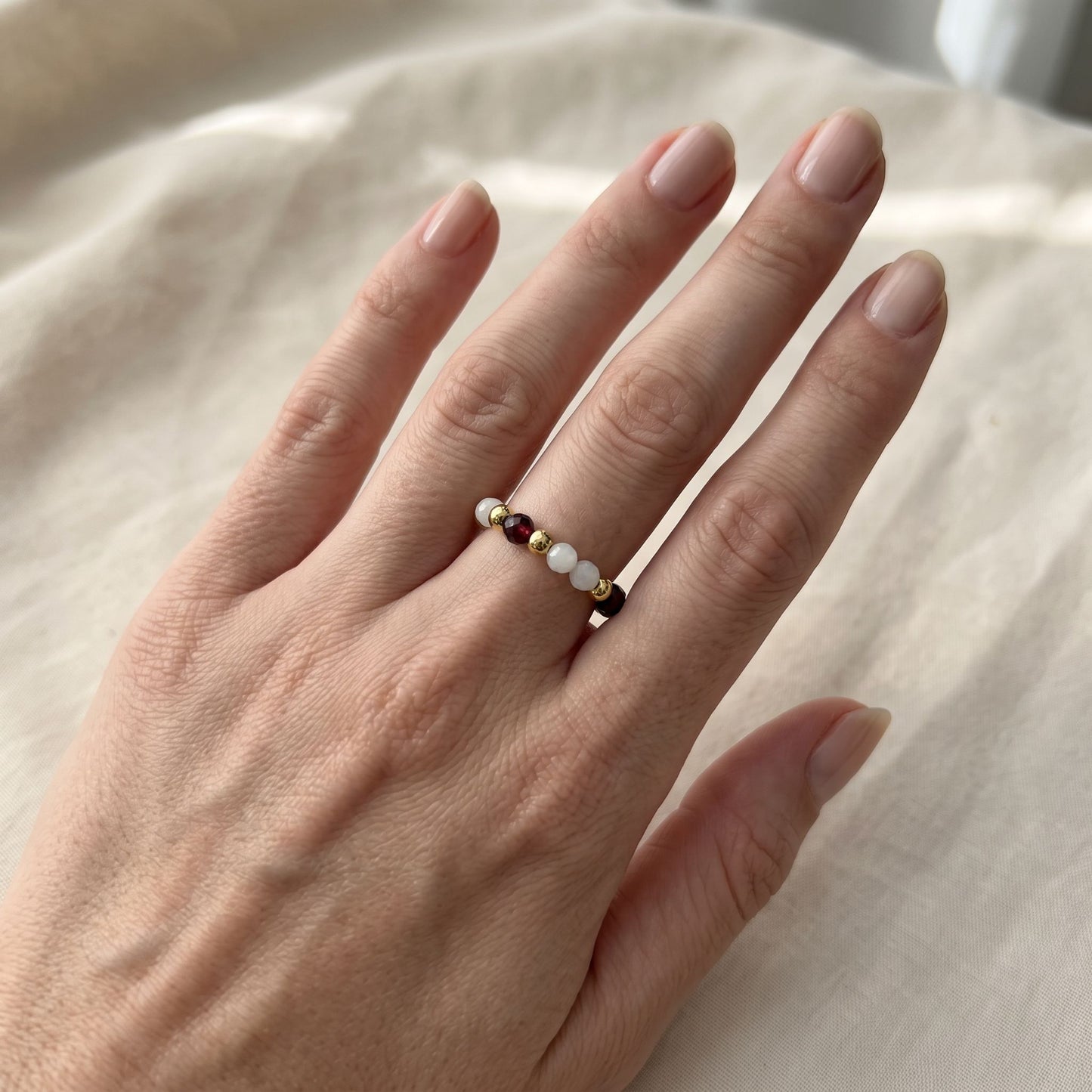 Dark red Garnet and Moonstone Stretch Beaded Ring | 3mm Faceted Crystal Ring