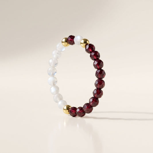 Dark red Garnet and Moonstone Stretch Beaded Ring | 3mm Faceted Crystal Ring