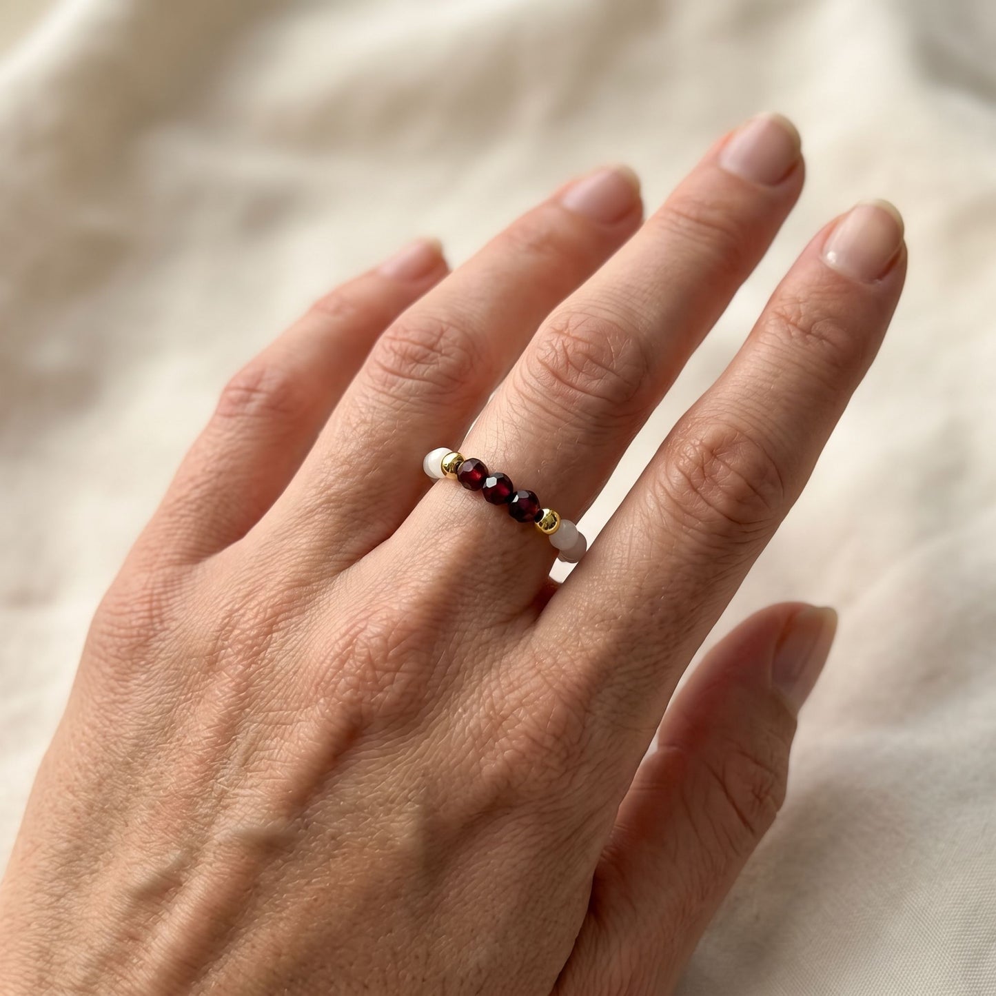 Dark red Garnet and Moonstone Stretch Beaded Ring | 3mm Faceted Crystal Ring