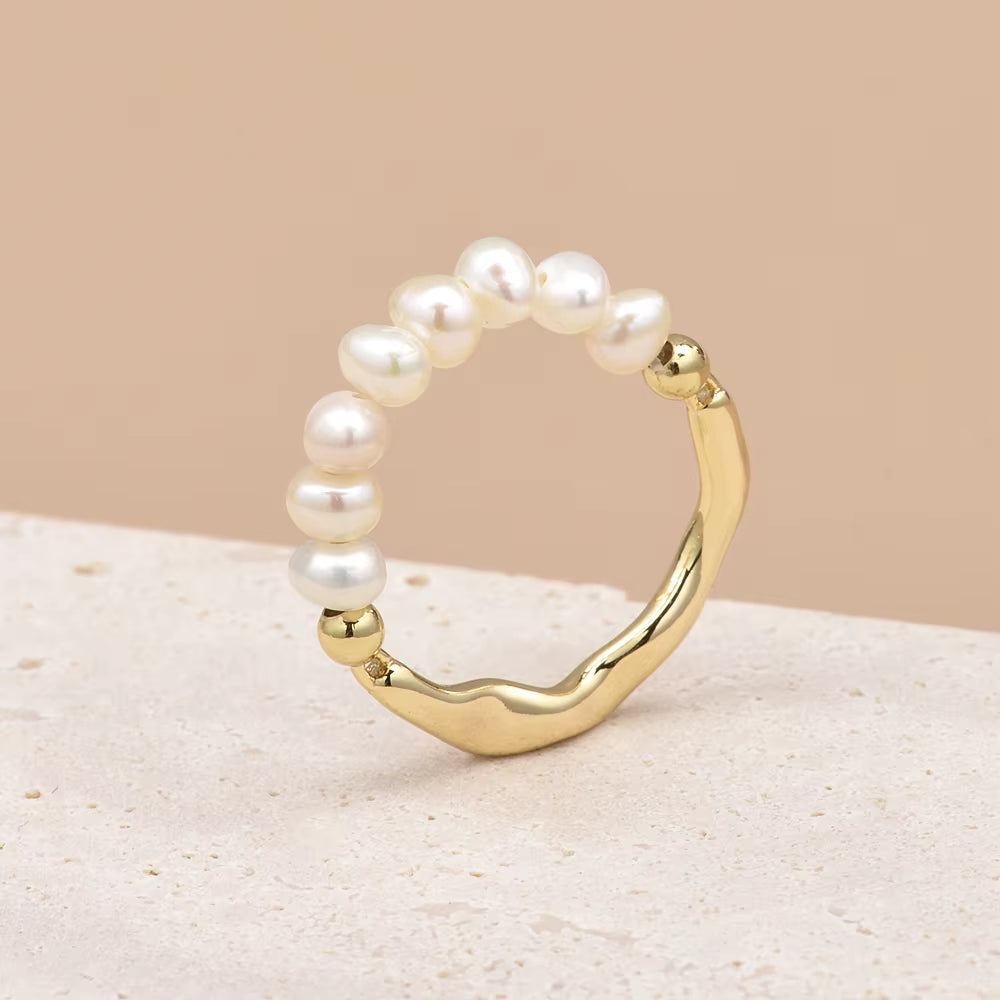 Freshwater Pearl Faceted Crystal Bead Ring by Manushaa Gems — Natural White Pearl Stretch Ring