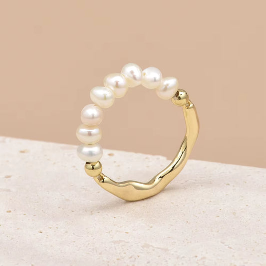 Freshwater Pearl Faceted Crystal Bead Ring by Manushaa Gems — Natural White Pearl Stretch Ring
