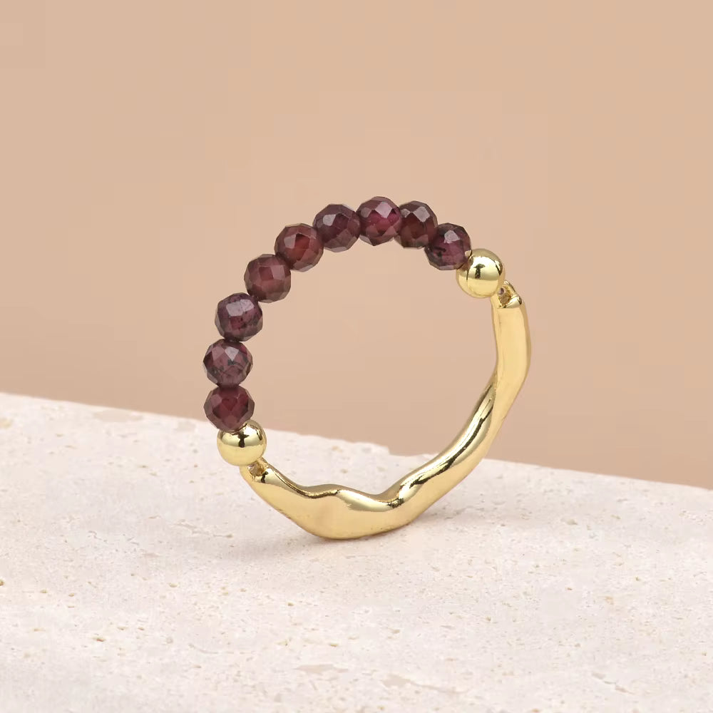 Garnet Faceted Crystal Bead Ring by Manushaa Gems — Natural Red Gemstone Stretch Ring