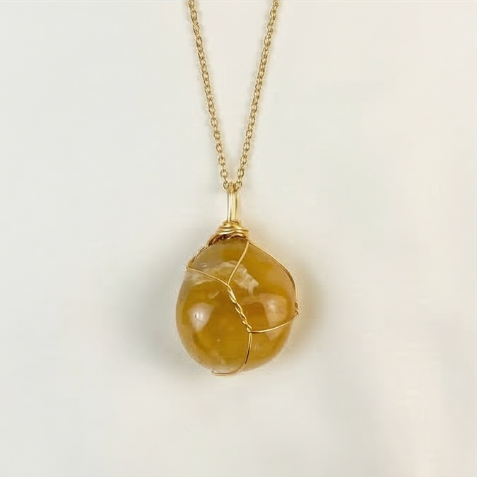 Gold Aventurine Wire Wrapped Crystal Pendant Necklace by Manushaa Gems