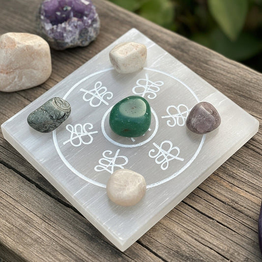 Cosmic Codes Selenite Charging Plate front — Sacred Geometry Crystal UK Manushaa Gems