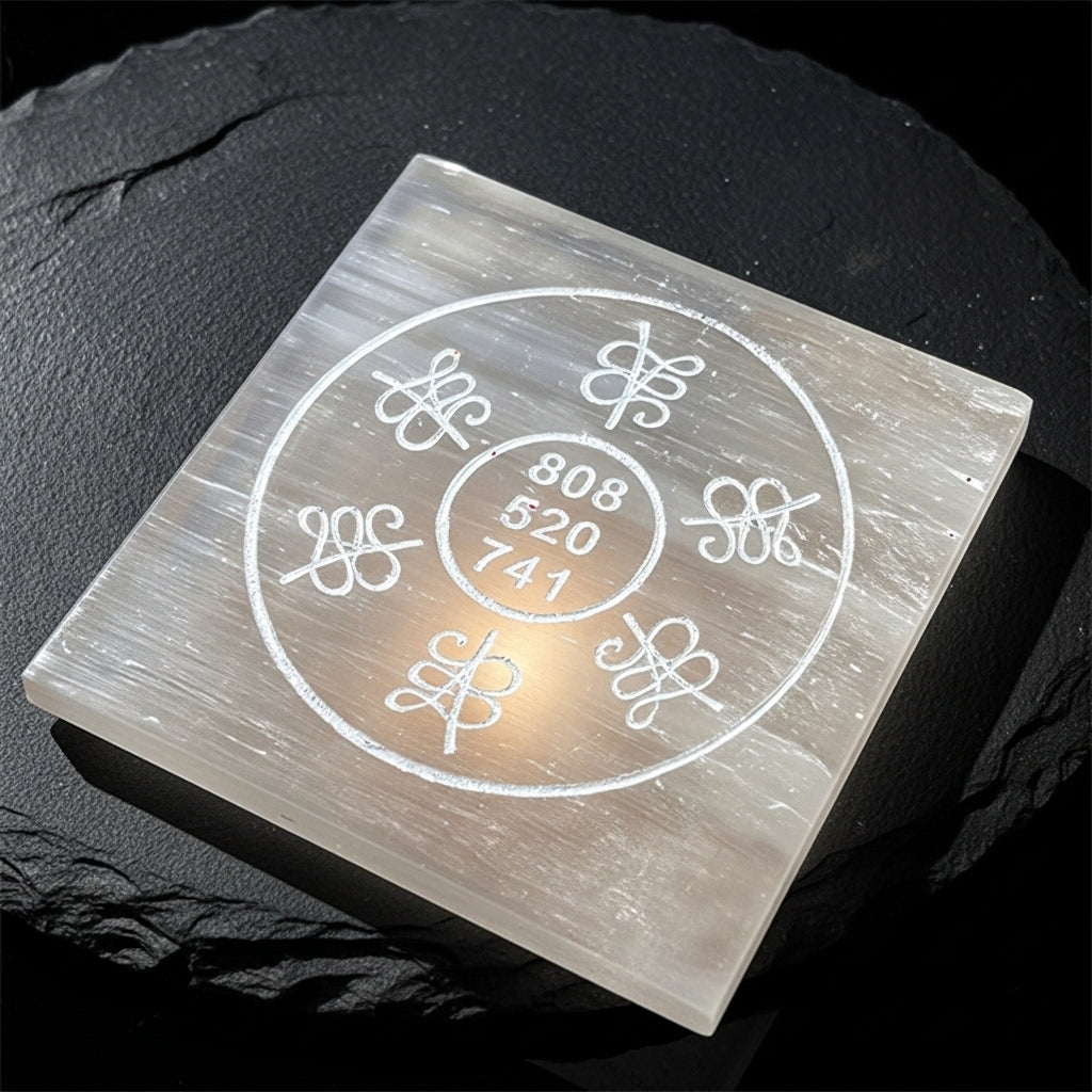 Cosmic Codes Selenite Plate angle — Sacred Geometry Crystal UK Manushaa Gems