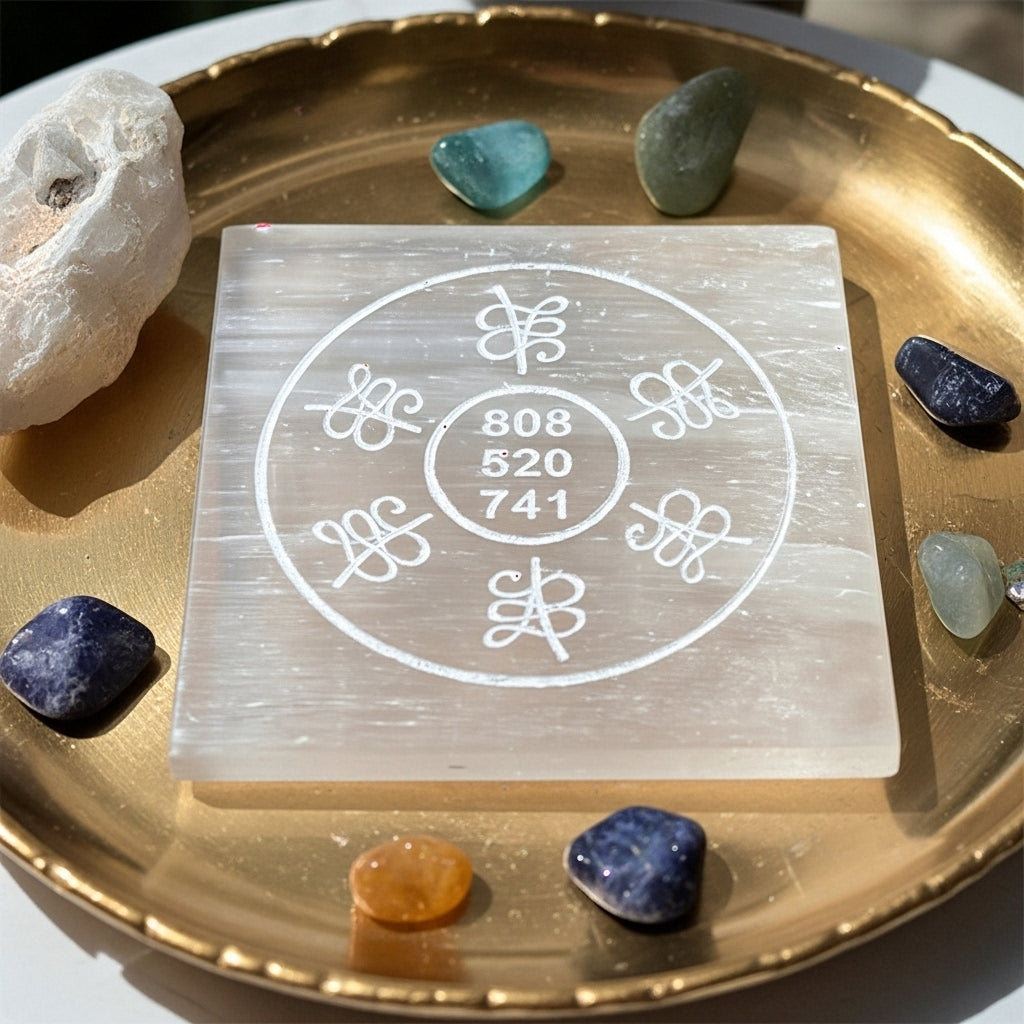 Cosmic Codes Selenite Charging Plate — Sacred Geometry Crystal Gift UK Manushaa Gems