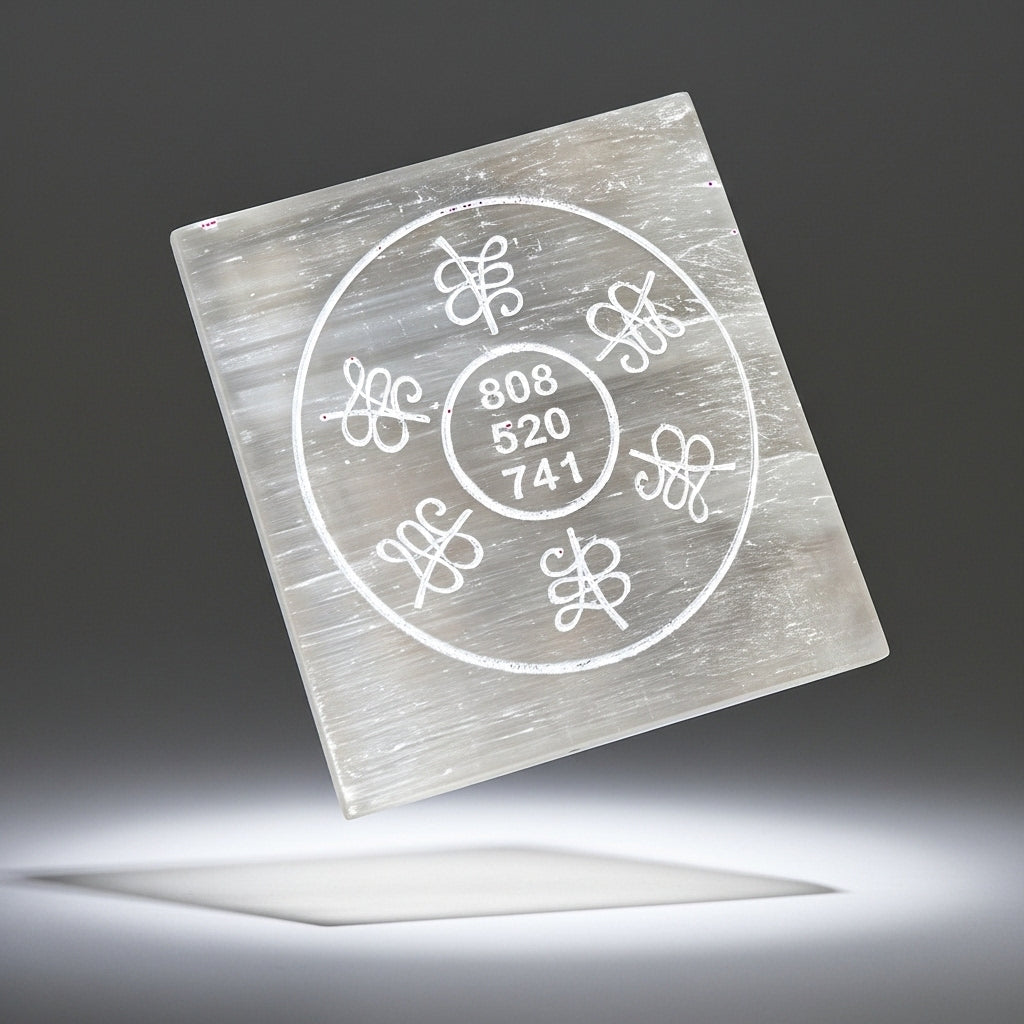 Cosmic Codes Selenite Plate close-up — Sacred Geometry Manifestation Crystal UK Manushaa Gems