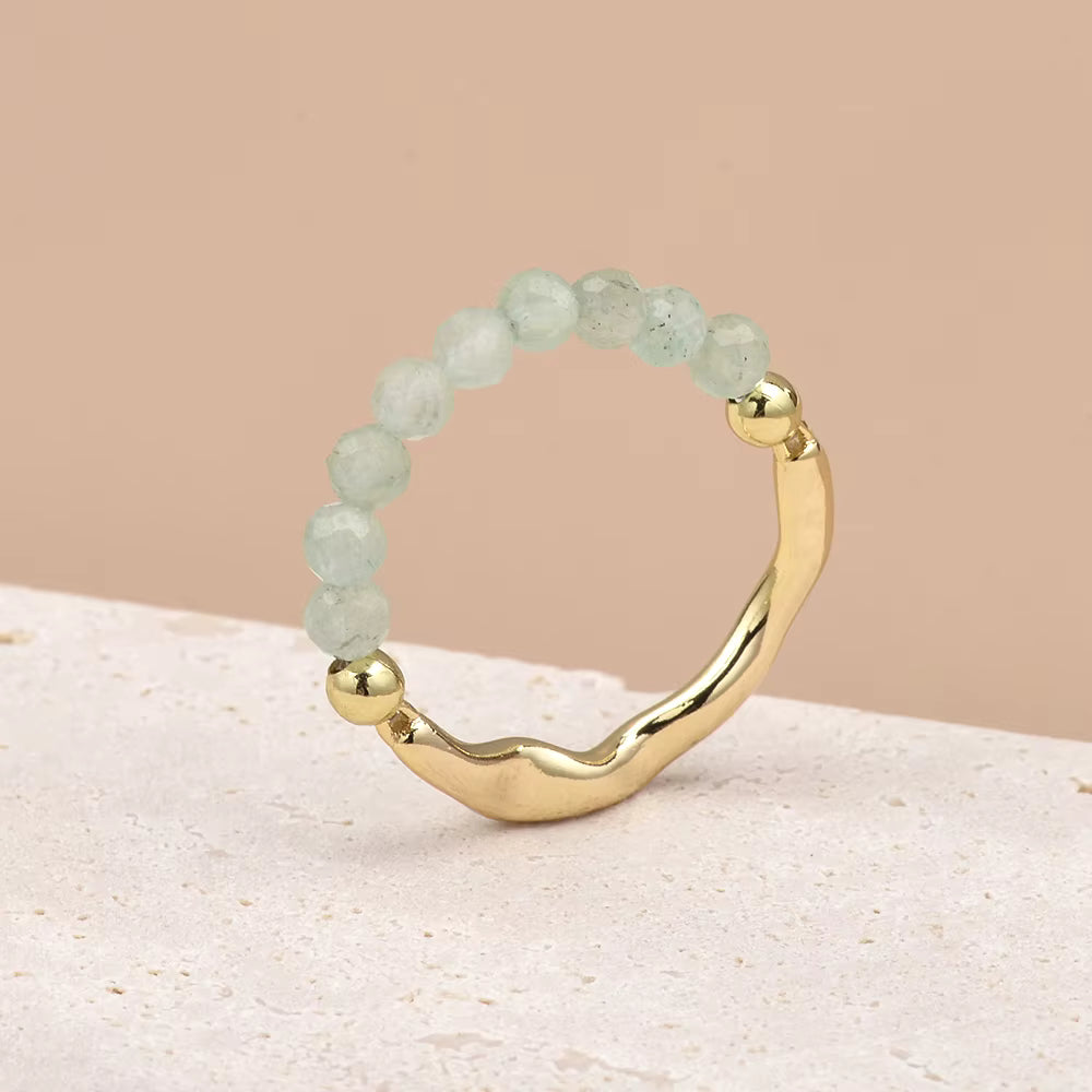 Green Aventurine Faceted Crystal Bead Ring by Manushaa Gems — Natural Green Gemstone Stretch Ring