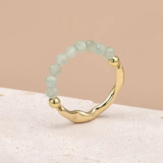 Green Aventurine Faceted Crystal Bead Ring by Manushaa Gems — Natural Green Gemstone Stretch Ring