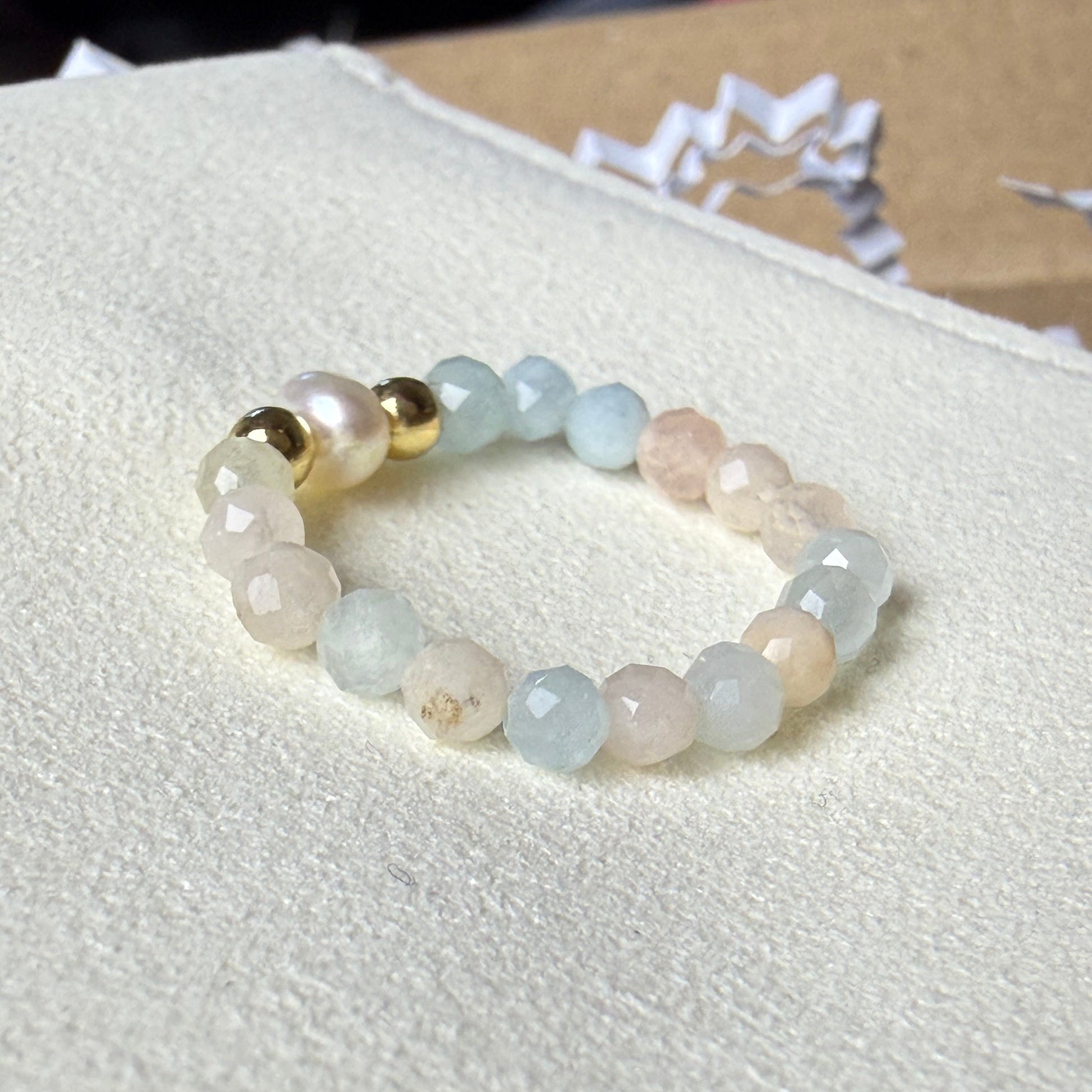 Macro detail of faceted multicolour morganite beads – handmade stretch ring by Manushaa Gems