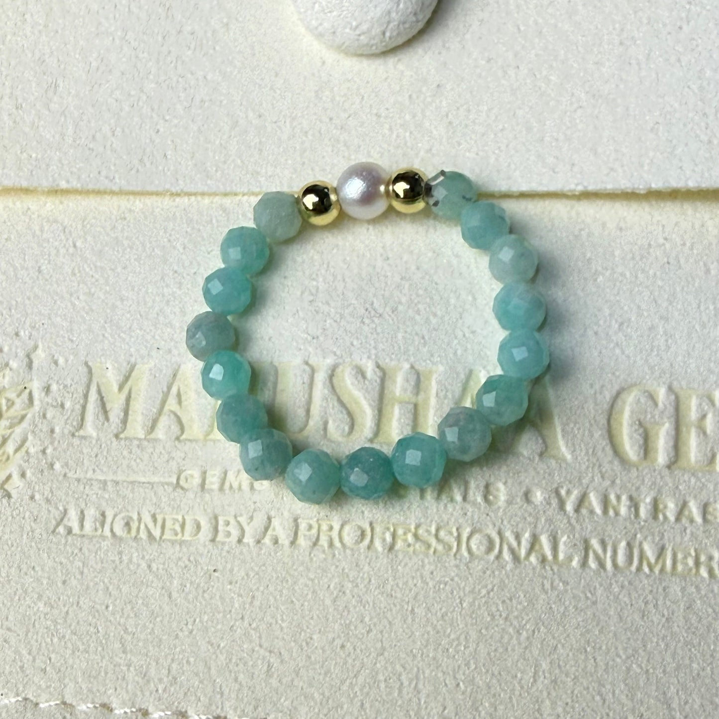 Unique freshwater pearl with gold accent beads on amazonite stretch ring – Manushaa Gems
