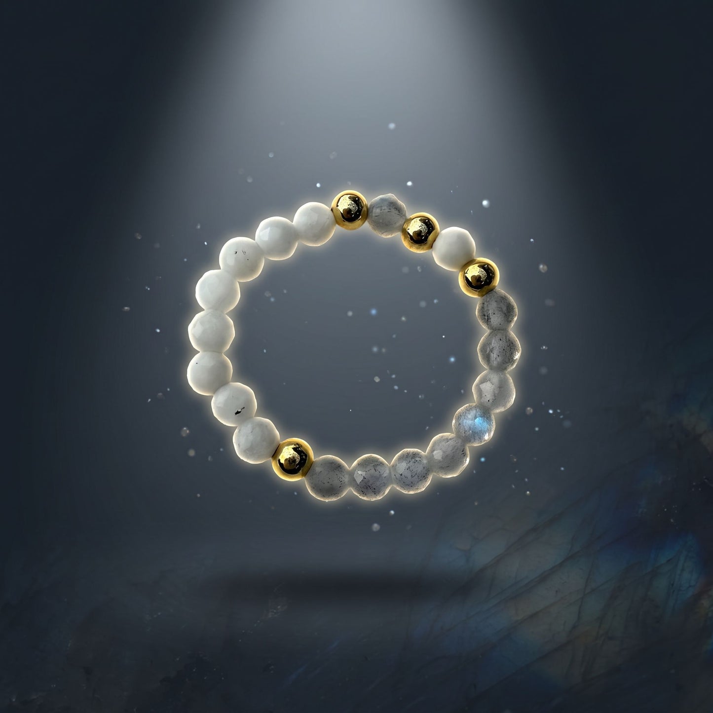 Labradorite & Moonstone Stretch Beaded Ring | 3mm Faceted Crystal Ring