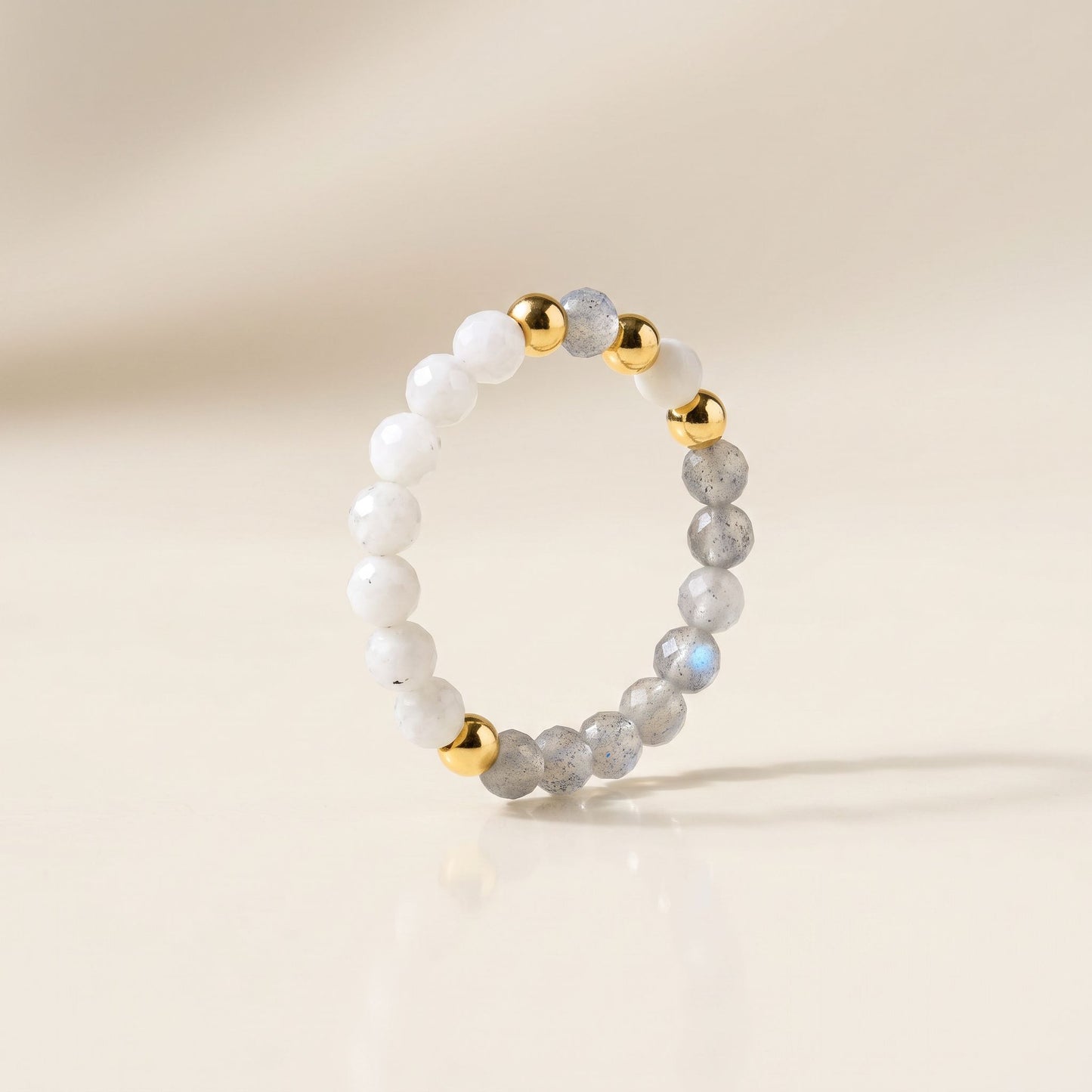 Labradorite & Moonstone Stretch Beaded Ring | 3mm Faceted Crystal Ring