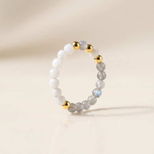 Labradorite & Moonstone Stretch Beaded Ring | 3mm Faceted Crystal Ring