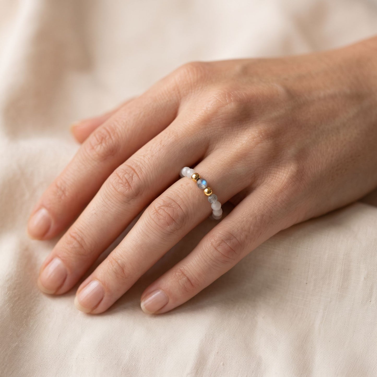 Labradorite & Moonstone Stretch Beaded Ring | 3mm Faceted Crystal Ring