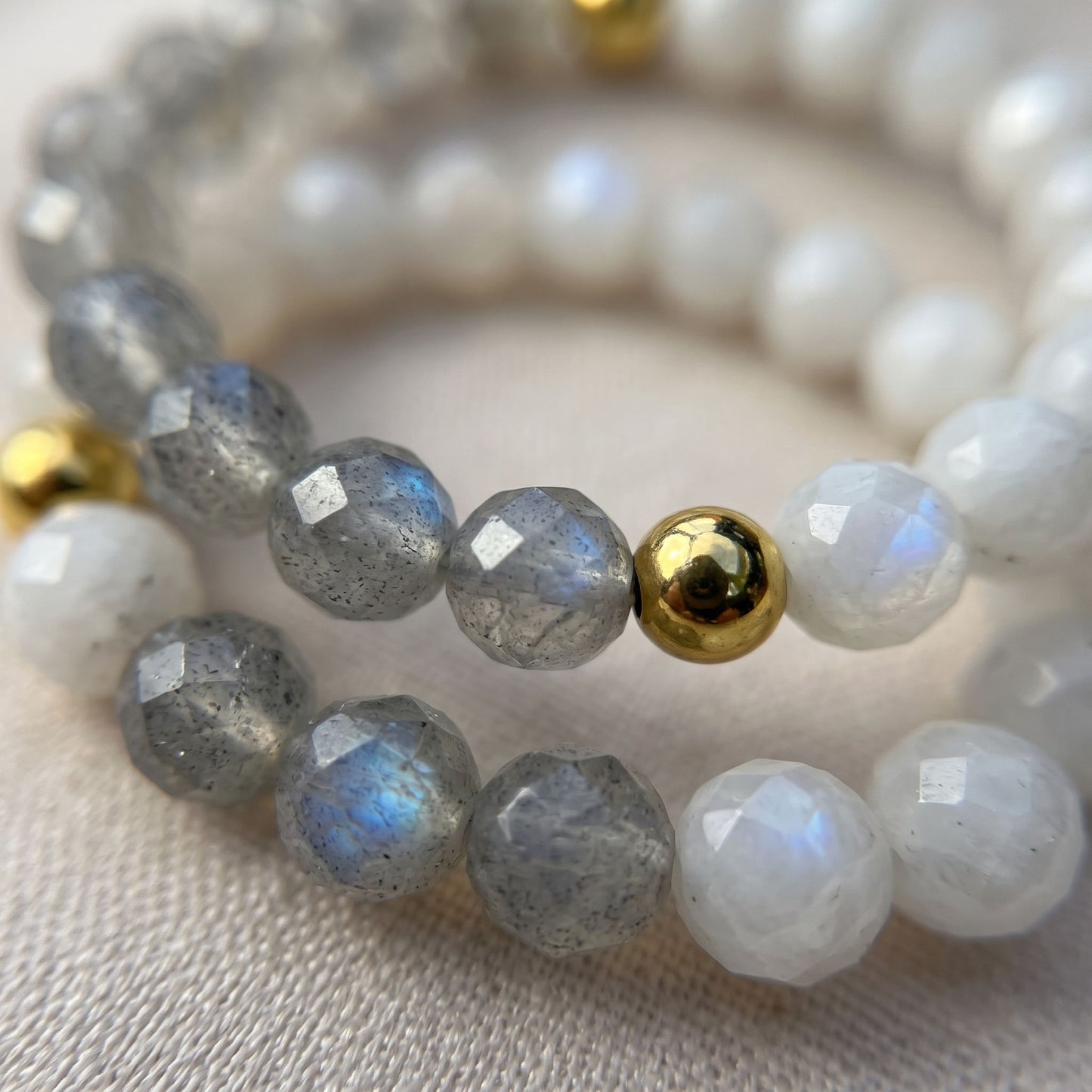 Labradorite & Moonstone Stretch Beaded Ring | 3mm Faceted Crystal Ring