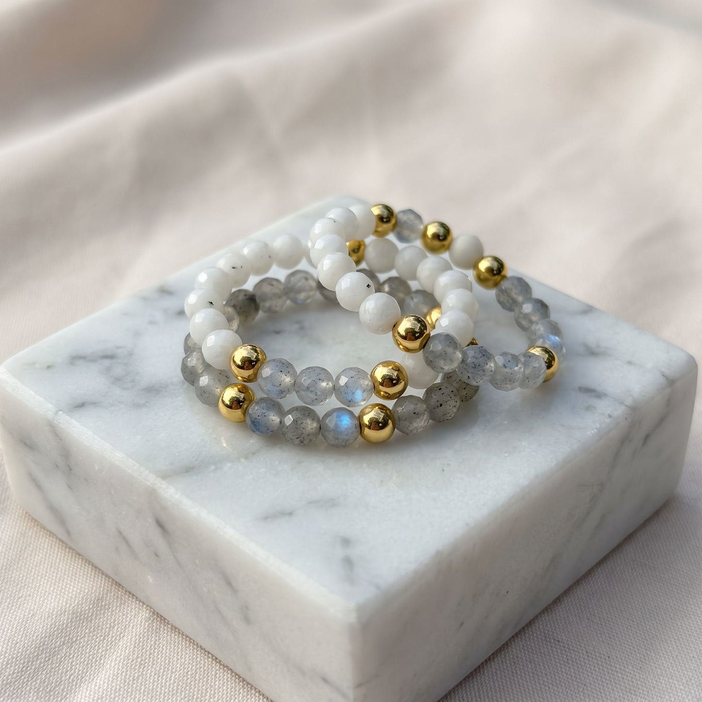 Labradorite & Moonstone Stretch Beaded Ring | 3mm Faceted Crystal Ring