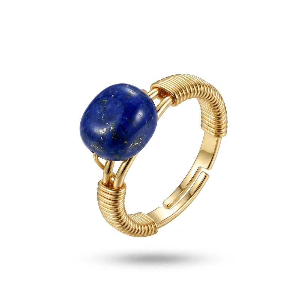 Lapis Lazuli Adjustable Crystal Ring | Gold Wire-Wrapped, Handmade