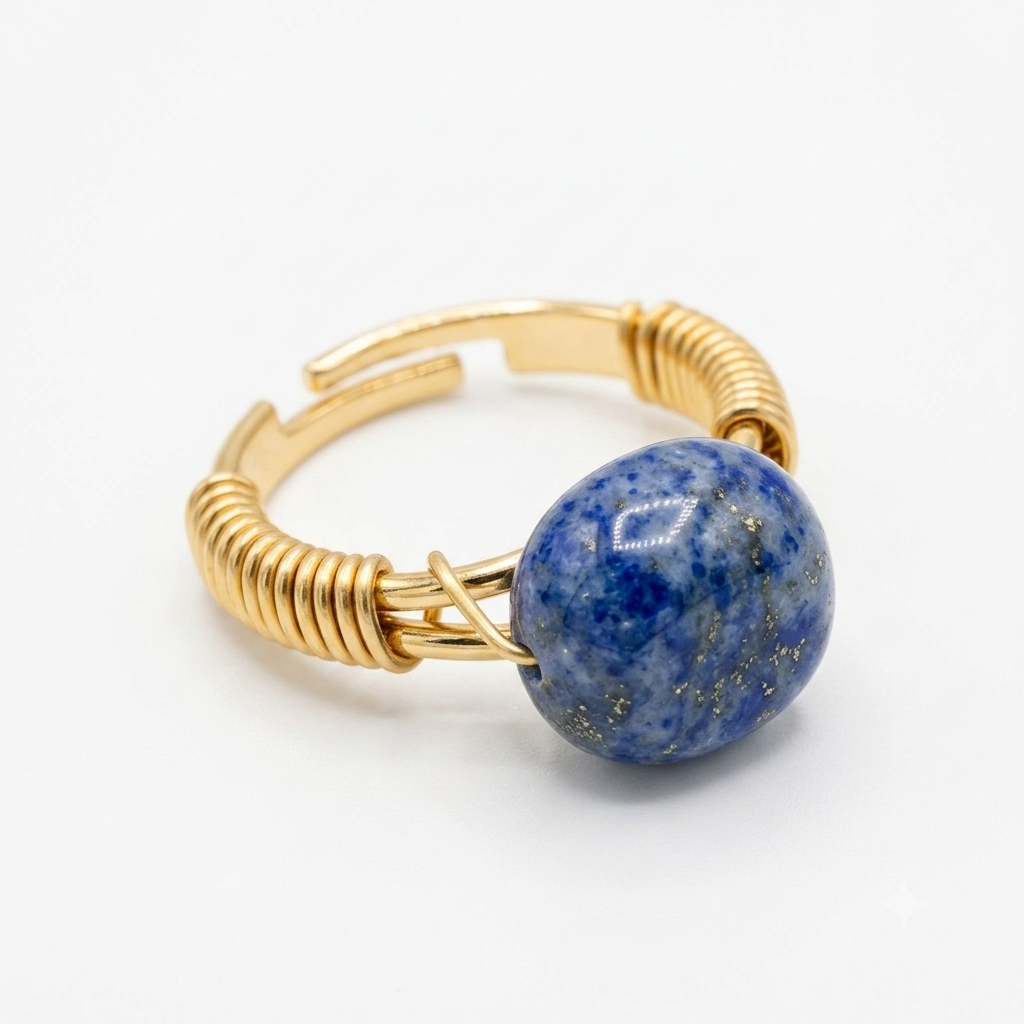 Lapis Lazuli Adjustable Crystal Ring | Gold Wire-Wrapped, Handmade