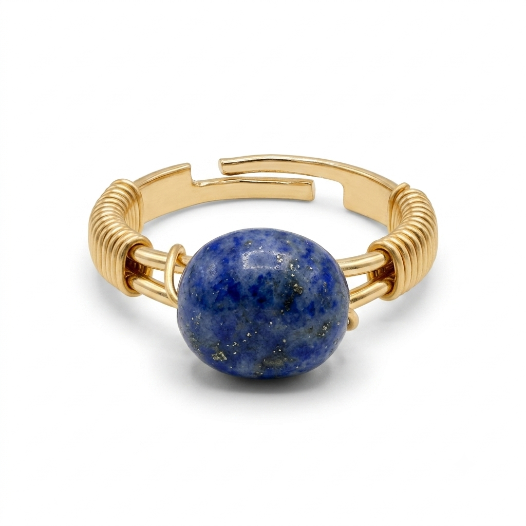 Lapis Lazuli Adjustable Crystal Ring | Gold Wire-Wrapped, Handmade