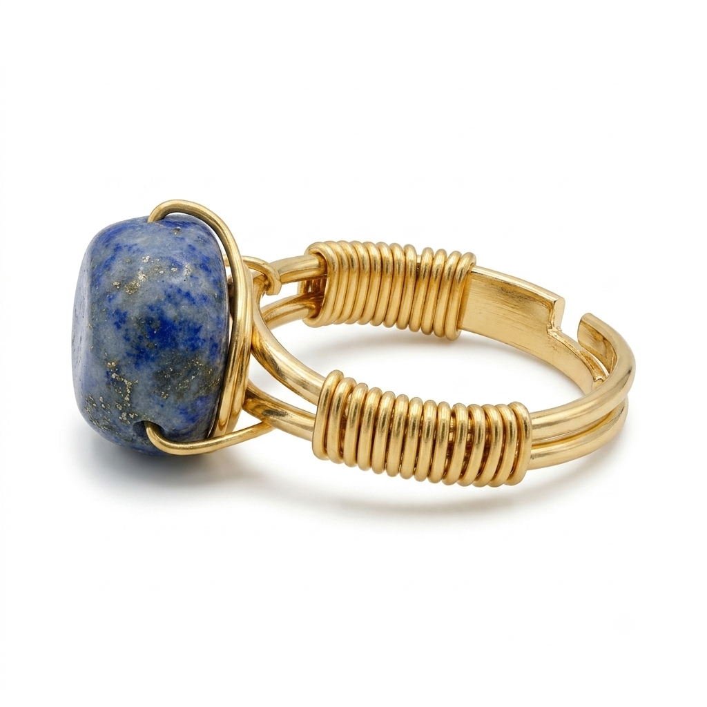 Lapis Lazuli Adjustable Crystal Ring | Gold Wire-Wrapped, Handmade