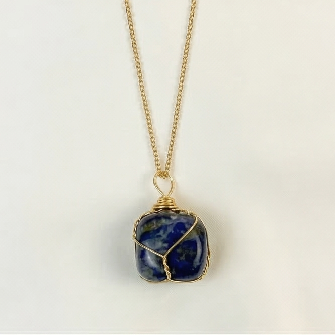 Lapis Lazuli Wire Wrapped Crystal Pendant Necklace by Manushaa Gems