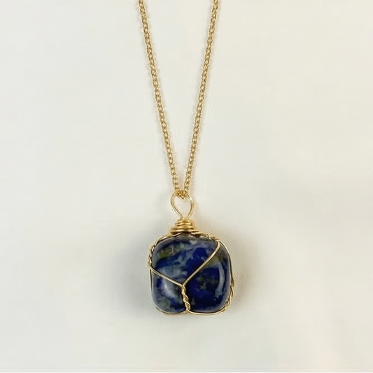 Lapis Lazuli Wire Wrapped Crystal Pendant Necklace by Manushaa Gems